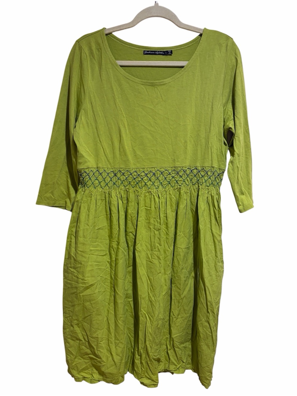 Gudrun Sjoden Bright Green Embroidered Mixed Media Dress Lagenlook Size Large